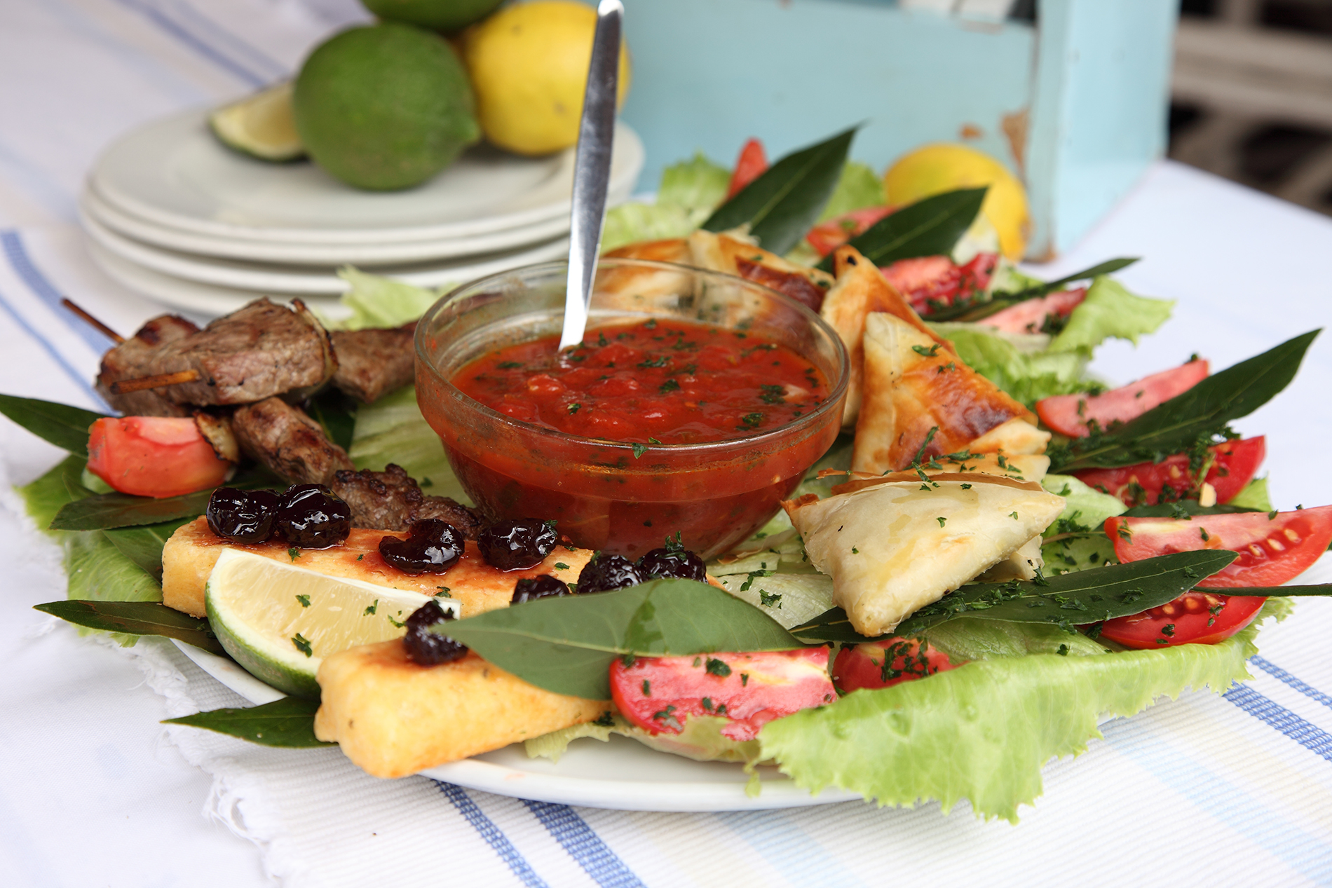 Meze platters with Spanakopita, kebabs, Haloumi and Keftedes